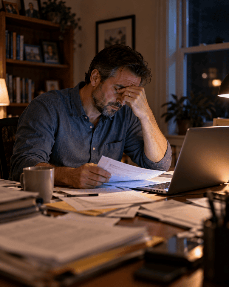 Homeowner reviewing bankruptcy paperwork late at night