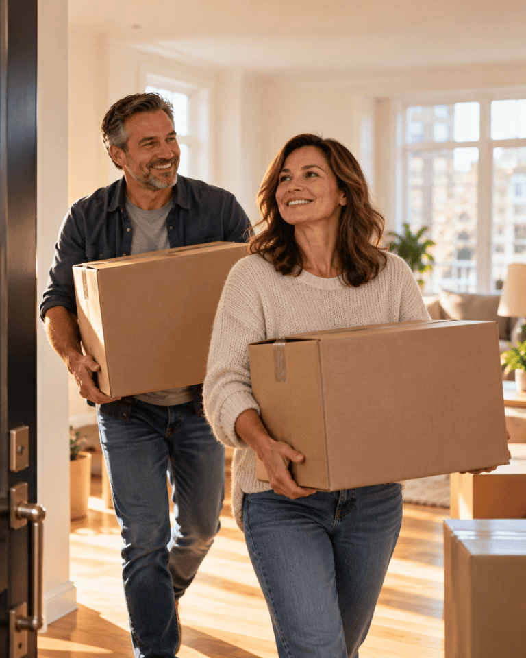 Couple carrying moving boxes during a job relocation
