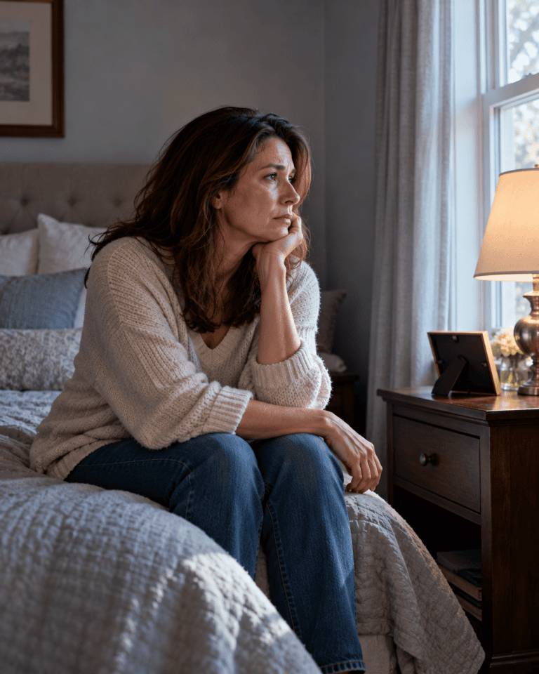 Woman sitting quietly by a window during a divorce