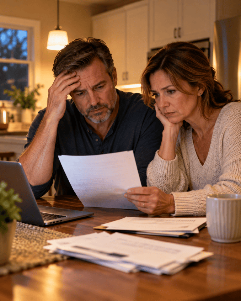 Worried couple reading a foreclosure notice at their kitchen table