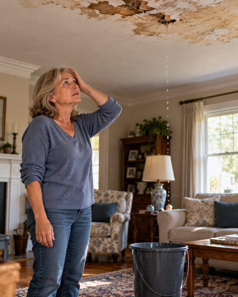 Homeowner looking at a ceiling leak in the living room