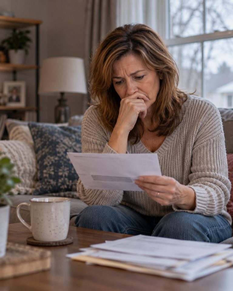 Woman reading divorce paperwork about the family home